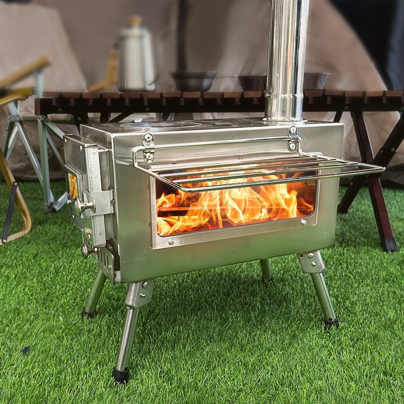 New stainless steel outdoor tent stove large mirror double-sided glass fire viewing window folding camping smokeless wood stove