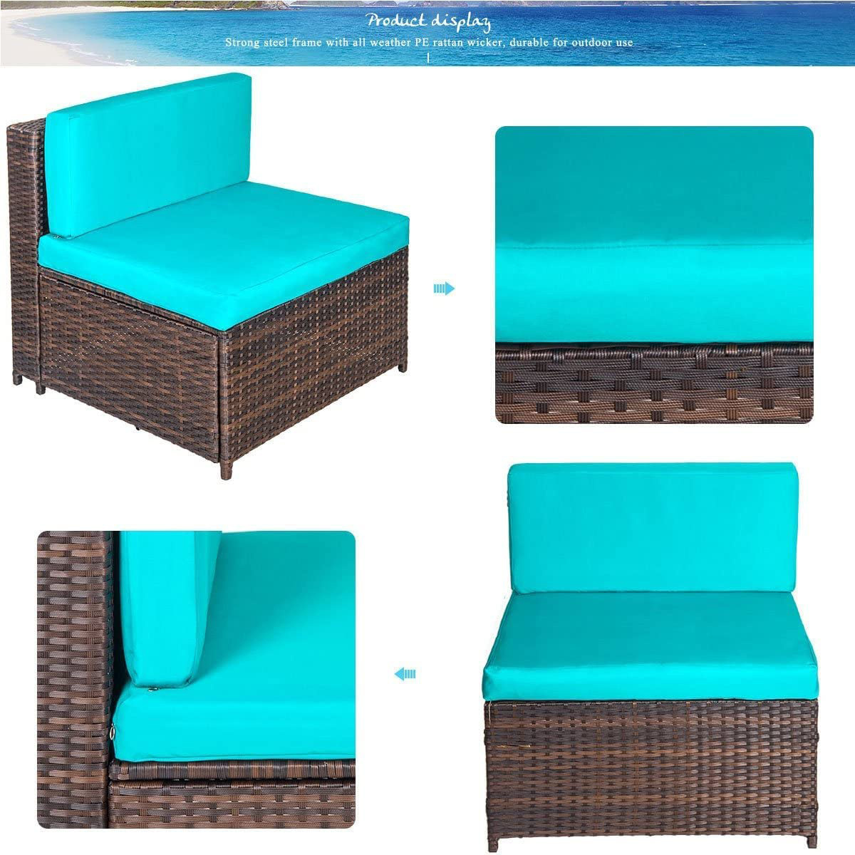 Outdoor Patio Modular Furniture Set 7 Piece PE Rattan Garden Deep Seat Conversation Sofa with Seat Cushion Tempered Glass Table