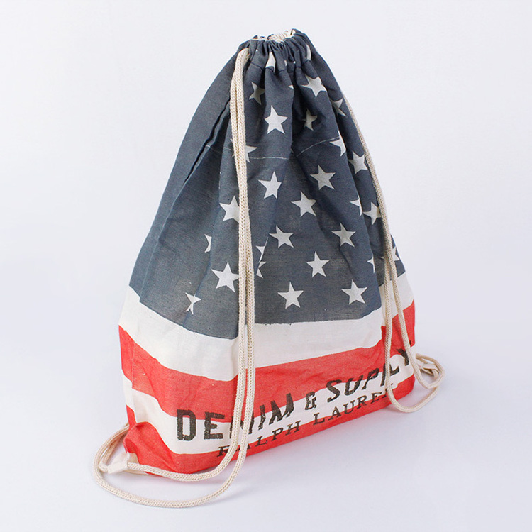 Fashion Flag Canvas Soft Cloth Calico Drawstring Bag Cotton Drawstring Backpack