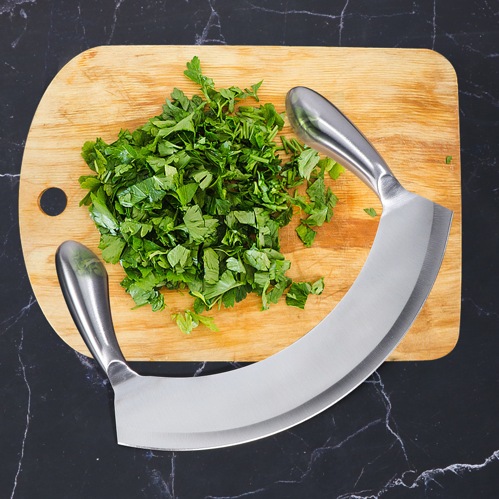 8.5 inch Stainless Steel Mezzaluna Knife Pizza Cutter Fruit Vegetable Salad Chopper Dicer With Curved Blade Herb Mincer Kitchen