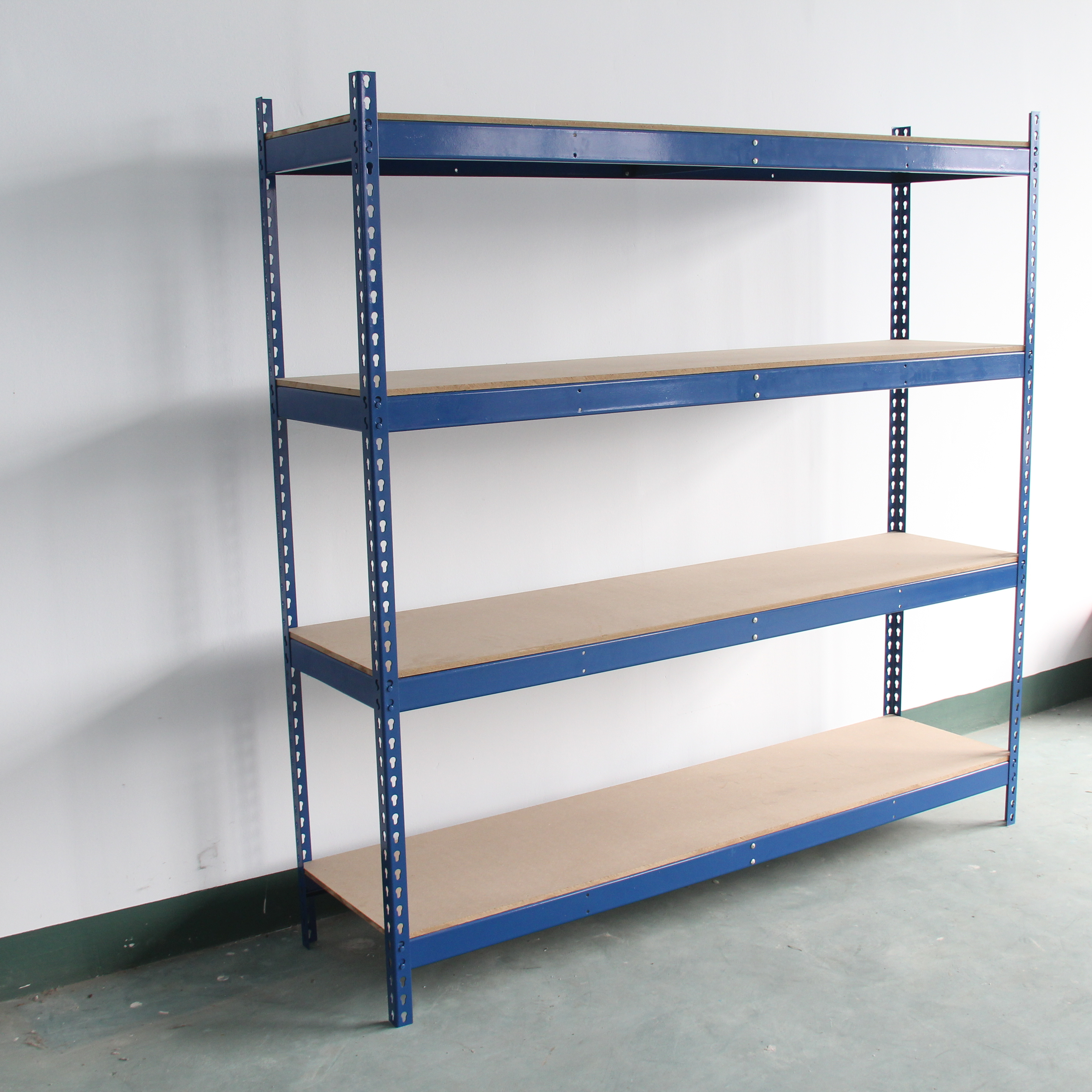 Rivet boltless racking and shelving to produce work table lower desk with wood shelves on top and boltless racking shelf