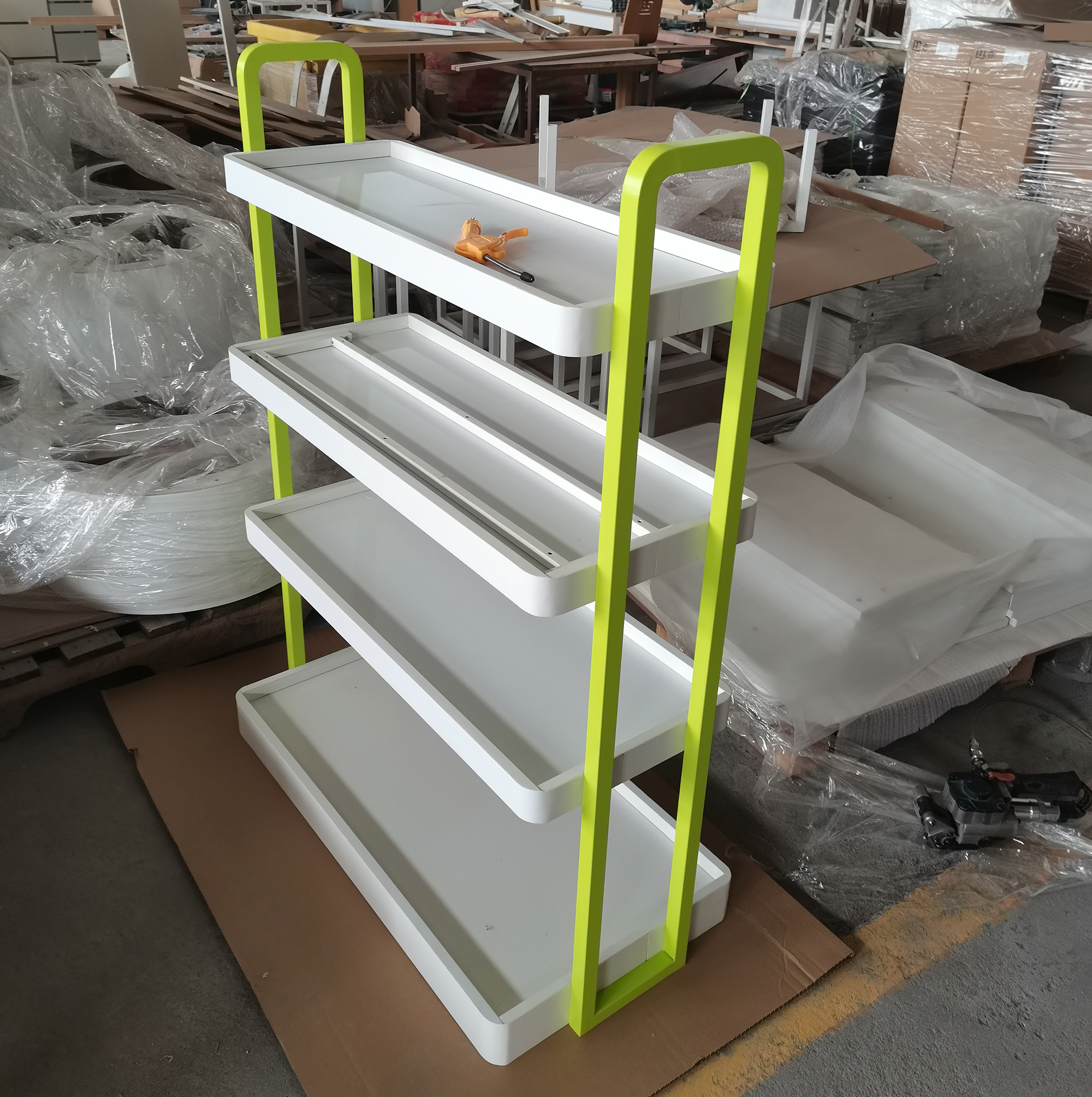 wood floor free stand shelving with square side frame with wood shelves in stores