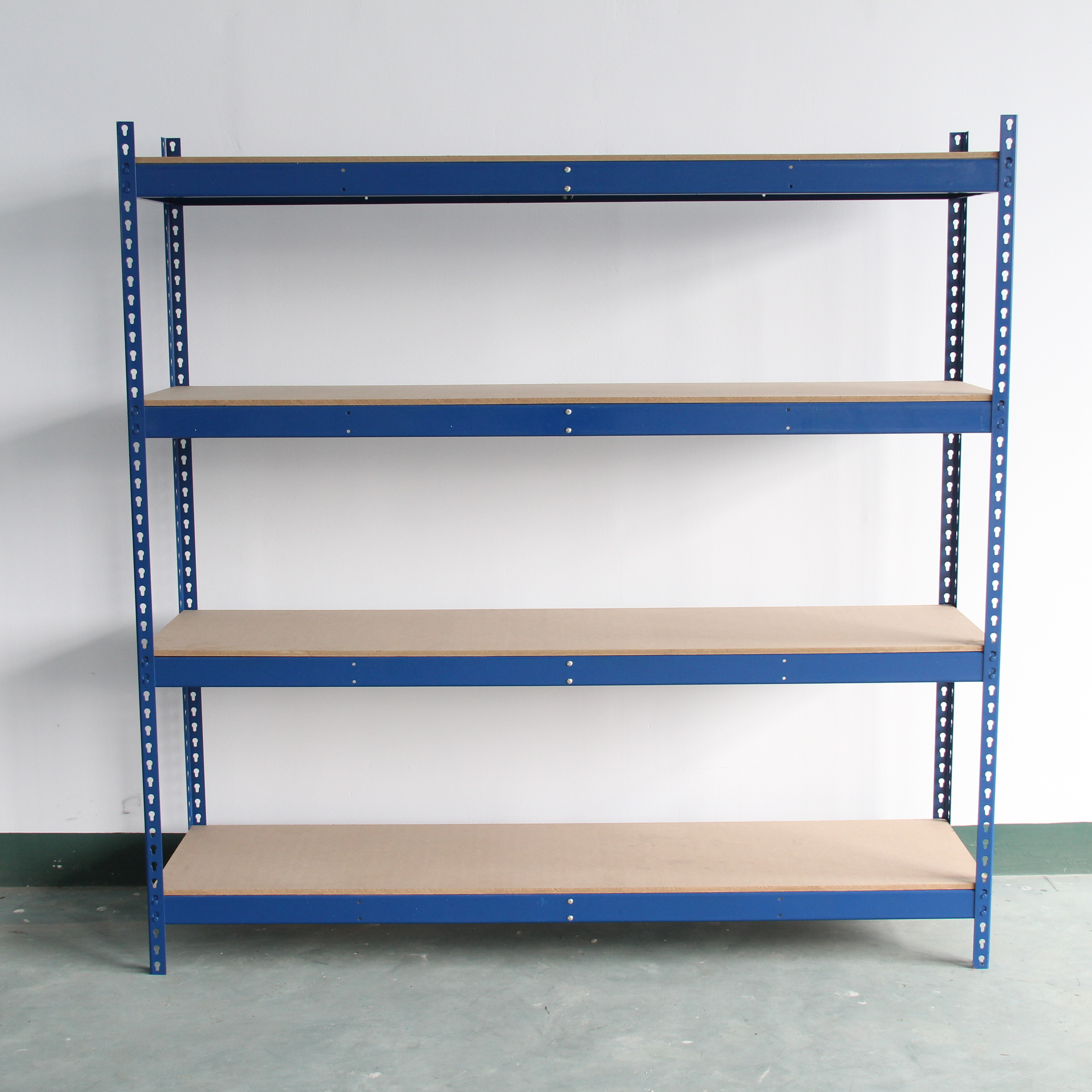 Rivet boltless racking and shelving to produce work table lower desk with wood shelves on top and boltless racking shelf