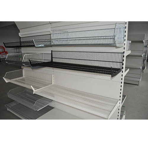 wood back panel gondola shelving with wire grids panels and lower desk to show in supermarket and shop