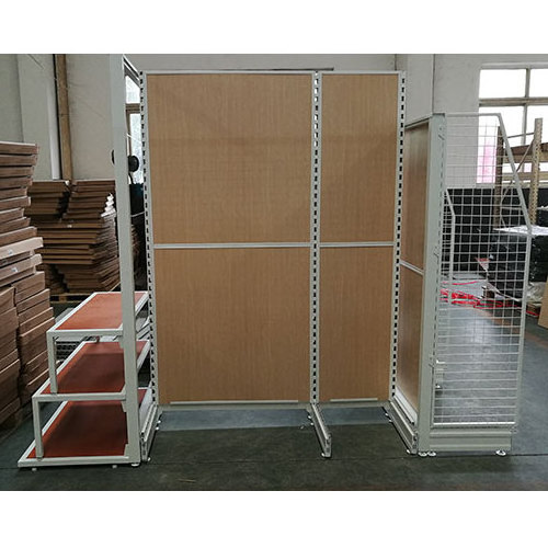 wood back panel gondola shelving with wire grids panels and lower desk to show in supermarket and shop