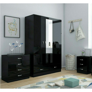 BLACK HIGH GLOSS BEDROOM FURNITURE- 3 DOOR MIRRORED SOFT CLOSE WARDROBE, CHEST & BEDSIDE