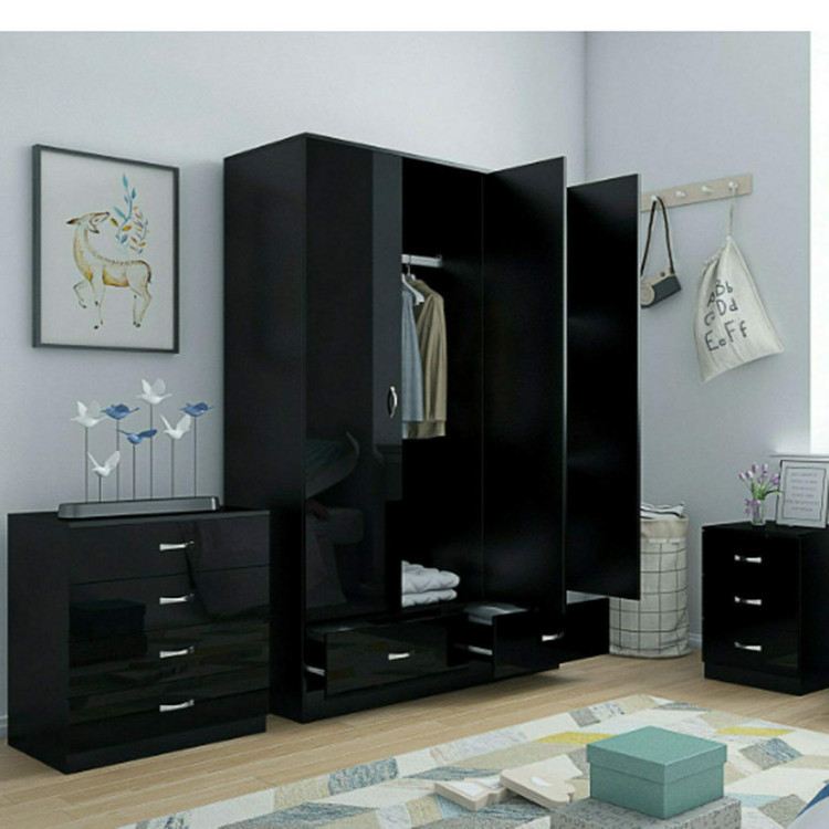 BLACK HIGH GLOSS BEDROOM FURNITURE- 3 DOOR MIRRORED SOFT CLOSE WARDROBE, CHEST & BEDSIDE