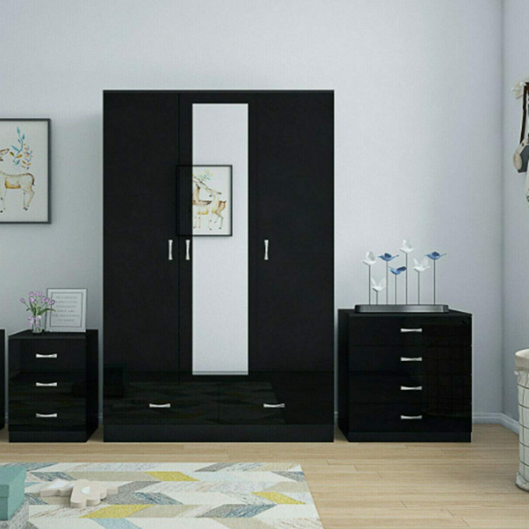 BLACK HIGH GLOSS BEDROOM FURNITURE- 3 DOOR MIRRORED SOFT CLOSE WARDROBE, CHEST & BEDSIDE