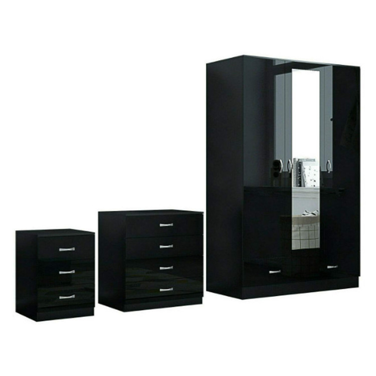 BLACK HIGH GLOSS BEDROOM FURNITURE- 3 DOOR MIRRORED SOFT CLOSE WARDROBE, CHEST & BEDSIDE