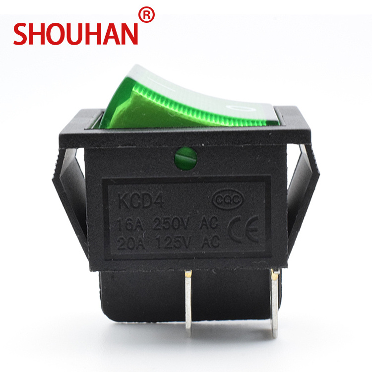 KCD4 black and green On-Off Button Waterproof 4 Pin DPST 250V AC 16A 33*25MM Rocker Switch