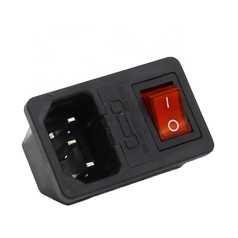 10A 250V AC power socket  plug power socket with red rocker switch and fuse holder socket 3/4 Pin IEC 320 C14 inlet connector