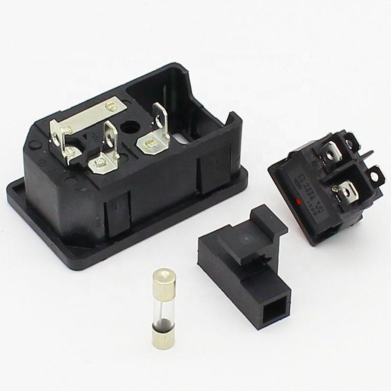 10A 250V AC power socket  plug power socket with red rocker switch and fuse holder socket 3/4 Pin IEC 320 C14 inlet connector