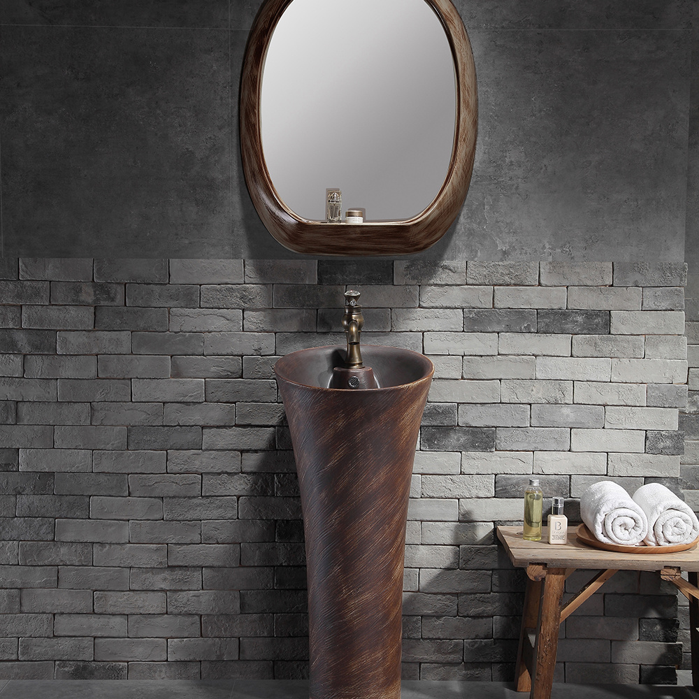 Fashion and antique style sanitary ware round circular wash basin art floor standing brown ceramic indoor pedestal basin