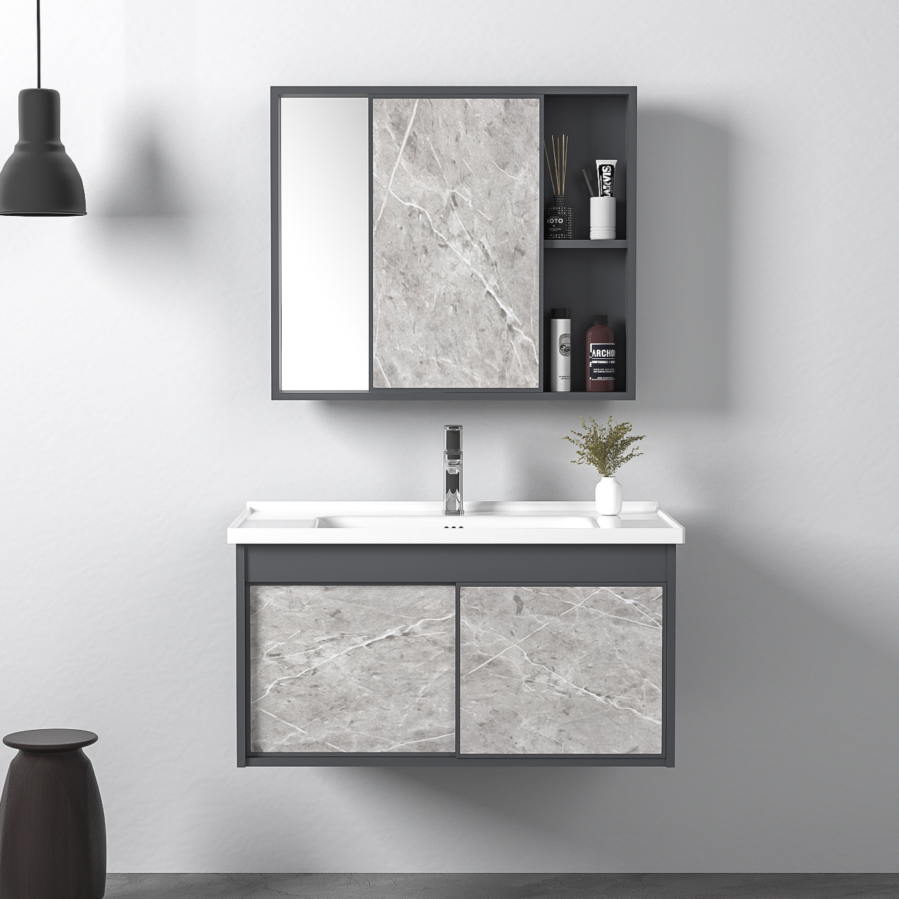 Modern sliding door bathroom vanity  with mirror cabinet wall hanging cabinet with ceramic basin aluminum bathroom cabinet