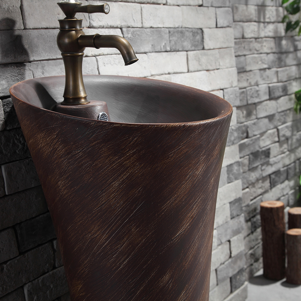 Fashion and antique style sanitary ware round circular wash basin art floor standing brown ceramic indoor pedestal basin