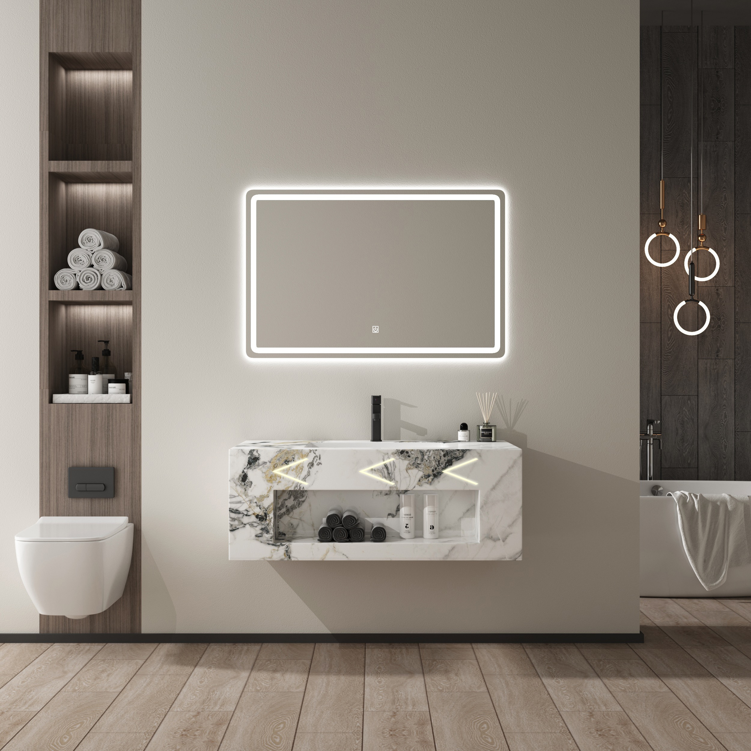 Markdown Sale Rock Slate Seamless bathroom cabinet with LED lighting bathroom vanity lighting  and seamless sink