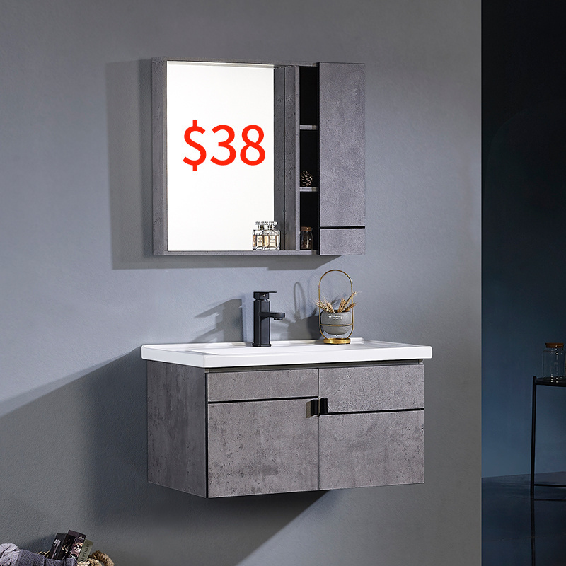 cheap wall mounted bathroom cabinet with mirror ceramic sink plywood wash basin bathroom products 2020 dark grey vanity cabinet