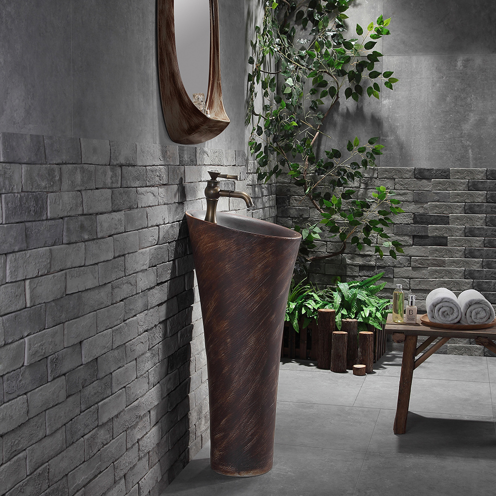 Fashion and antique style sanitary ware round circular wash basin art floor standing brown ceramic indoor pedestal basin