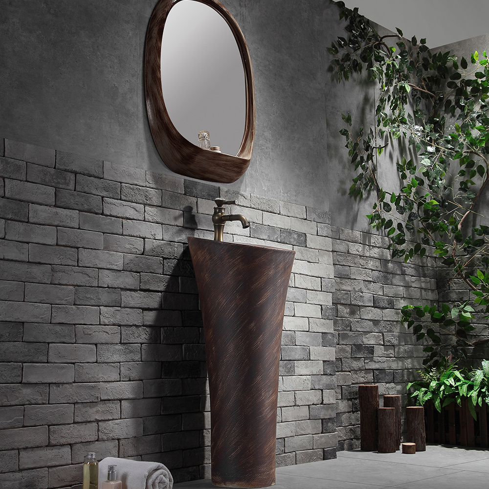 Fashion and antique style sanitary ware round circular wash basin art floor standing brown ceramic indoor pedestal basin