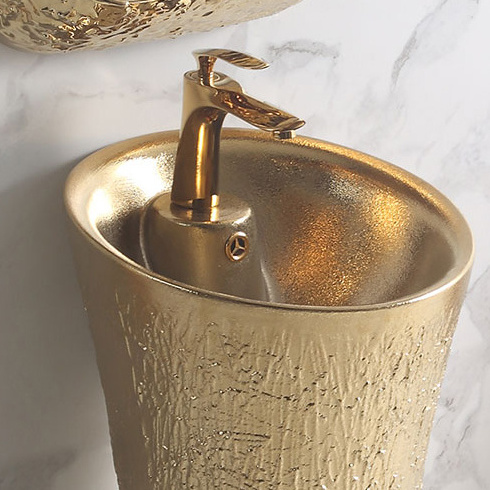 New design irregularity marble ceramic gold color basin with sink art color new models freestanding gold pedestal bathroom sink