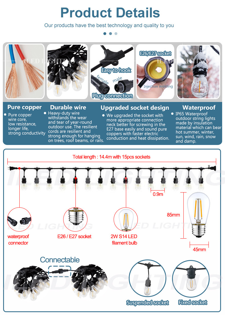 48FT S14 Solar Outdoor In Holiday Lighting Garden Powered String Lights With Bulbs Led Edison 15m 15bulbs