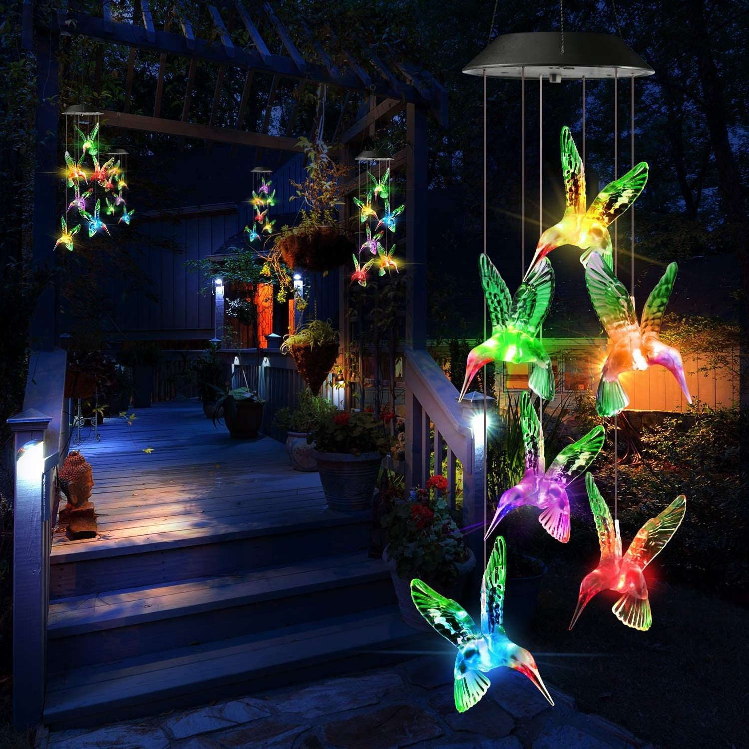 6 Color Changing Light Beads Solar Butterfly Wind Chimes Solar Powered LED Transparent Hummingbird Wind Chime With Aluminum Tube