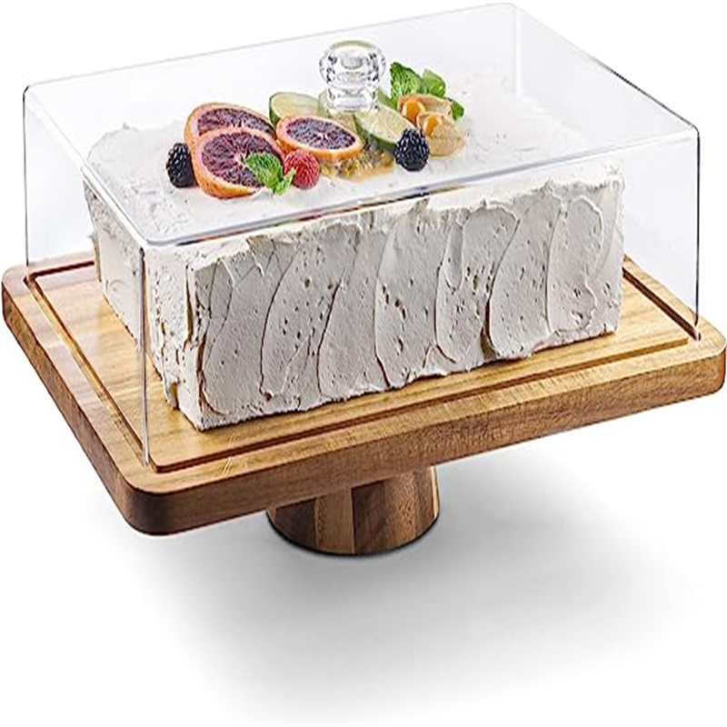 Cake Display Server Tray for Kitchen Cake Stand with Clear Acrylic Dome Lid Turntable Cake Stand Wood with Base