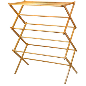 Wholesale Eco-friendly 3 Tier Wooden Laundry Drying Rack Foldable Space Saving Vertical Bamboo Clothes Rack