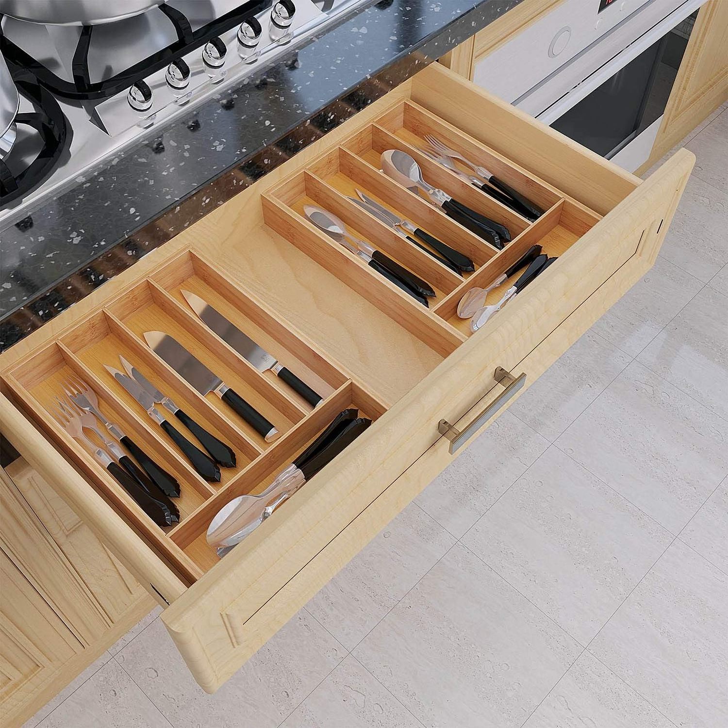 Kitchen Custom Silverware Organizer Drawer Organizer Utensil Organizer 5 slots Bamboo Silverware Holder Wood Drawer Dividers