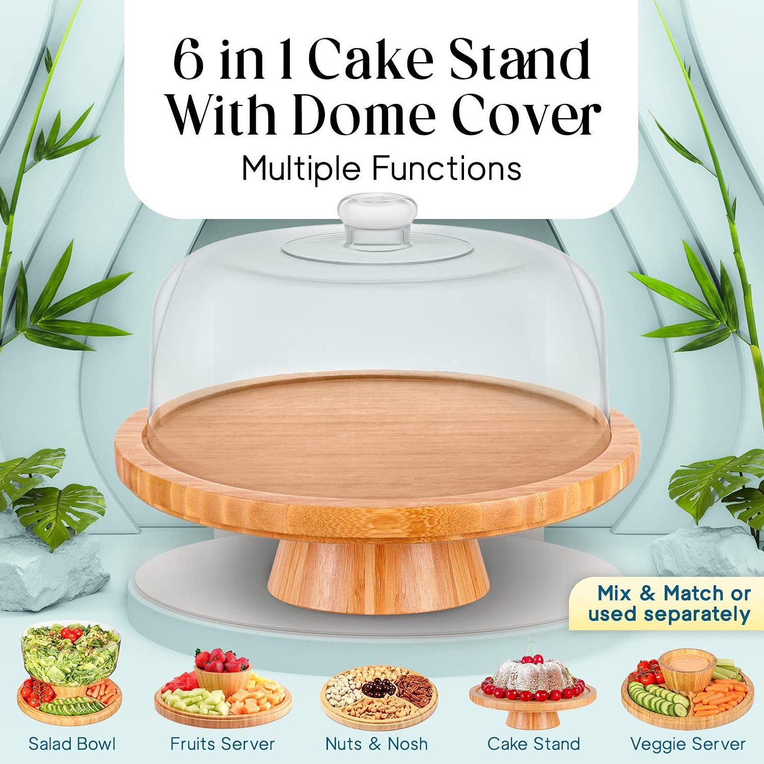 Cake Display Server Tray for Kitchen Bamboo Cake Stand with Wood with Base Clear Acrylic Dome Lid Turntable Cake Stand