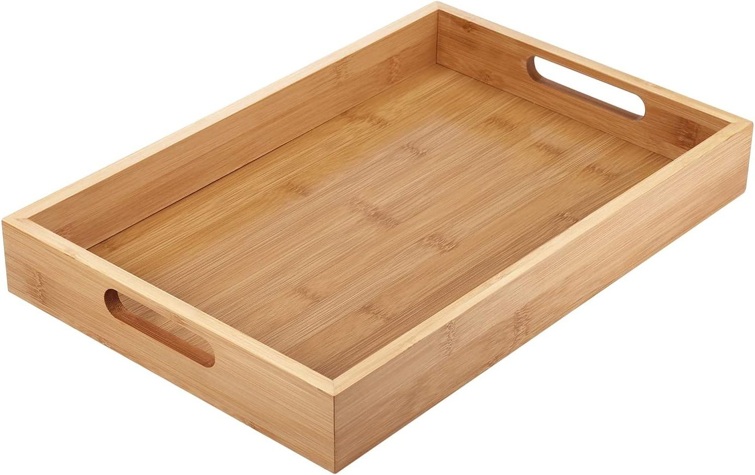 Eco-Friendly Durable Natural Rectangular Bamboo Serving Tray with Handles Custom Wooden Breakfast Tray for Home Hotel Kitchen