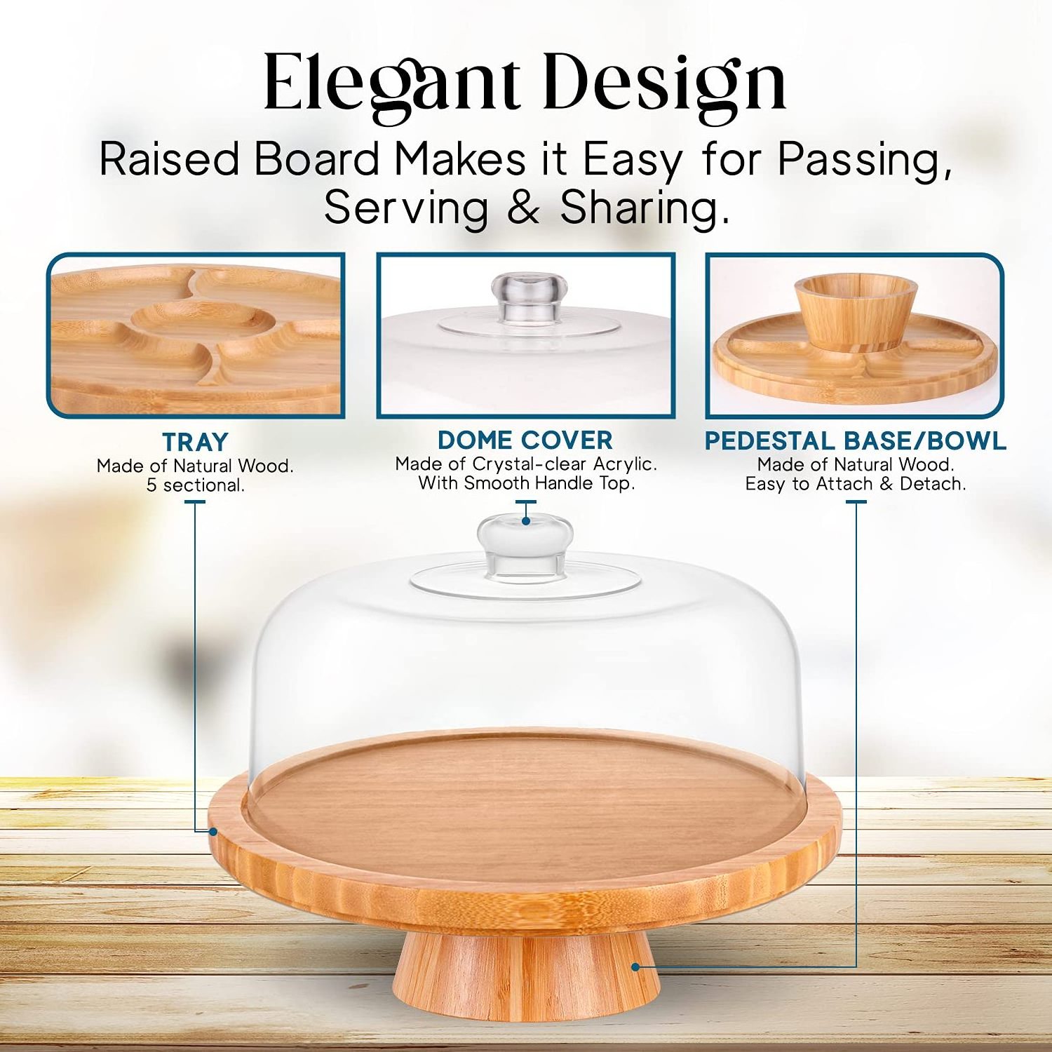 Cake Display Server Tray for Kitchen Bamboo Cake Stand with Wood with Base Clear Acrylic Dome Lid Turntable Cake Stand