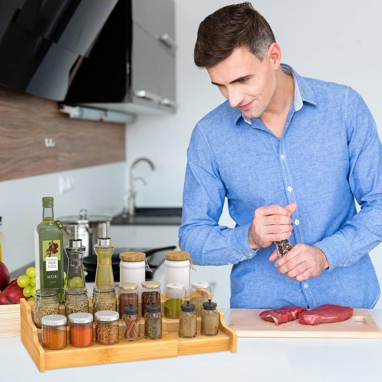 Customize 3 Tier Bamboo Expandable Display Shelf Spice Rack Kitchen Cabinet Organizer for Cabinet Pantry Countertop