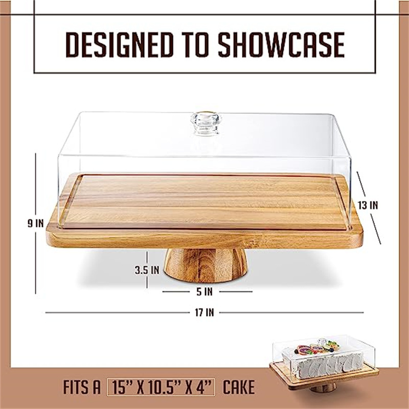 Cake Display Server Tray for Kitchen Cake Stand with Clear Acrylic Dome Lid Turntable Cake Stand Wood with Base