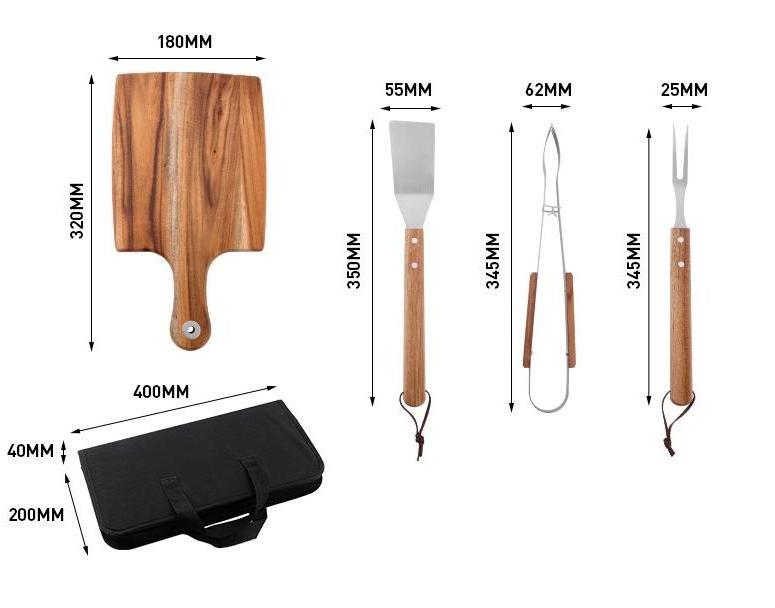 BBQ Wooden Handle Barbecue Tools Wooden Cutting Board Shovel Fork Clamp Set