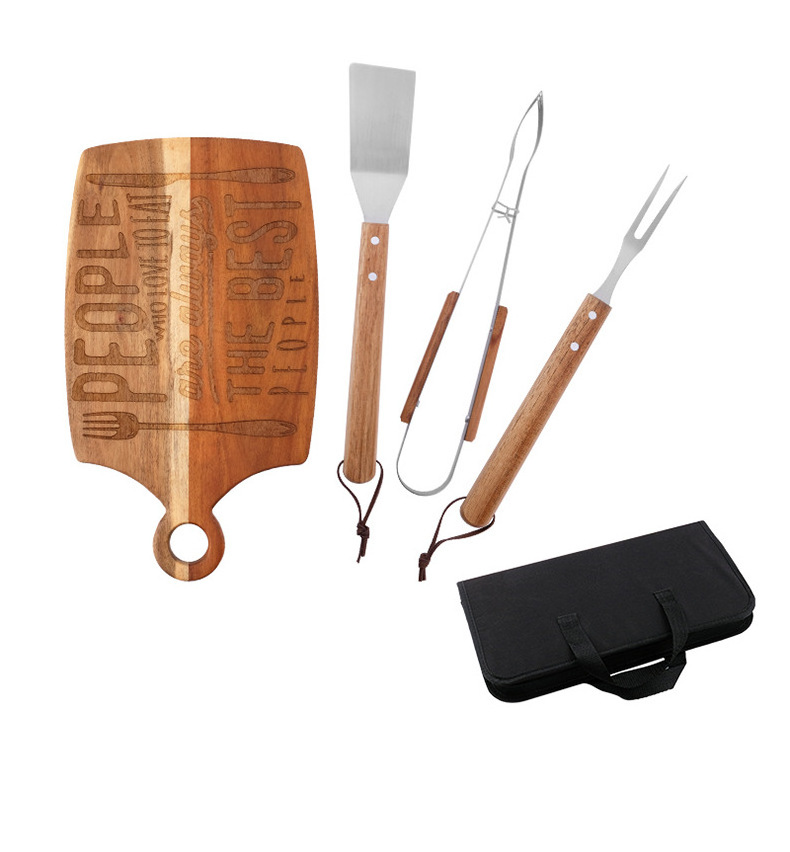 BBQ Wooden Handle Barbecue Tools Wooden Cutting Board Shovel Fork Clamp Set