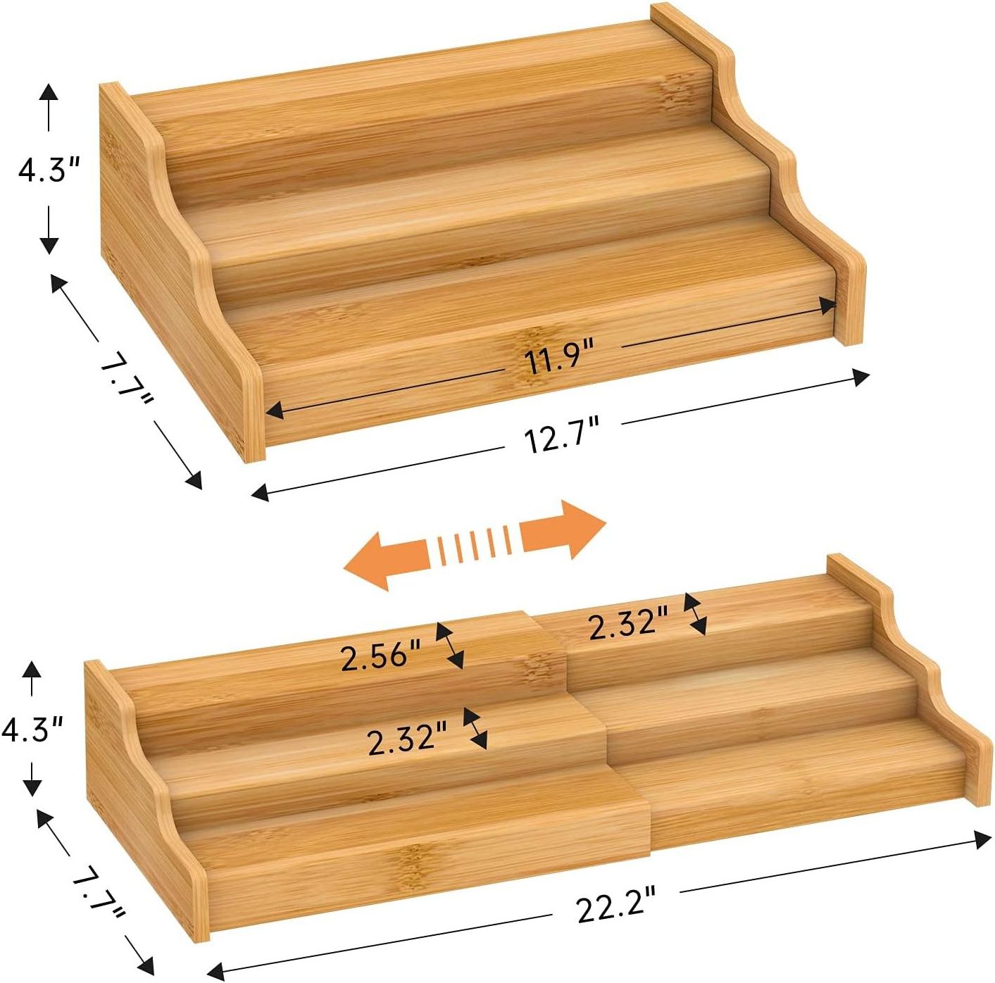 Customize 3 Tier Bamboo Expandable Display Shelf Spice Rack Kitchen Cabinet Organizer for Cabinet Pantry Countertop