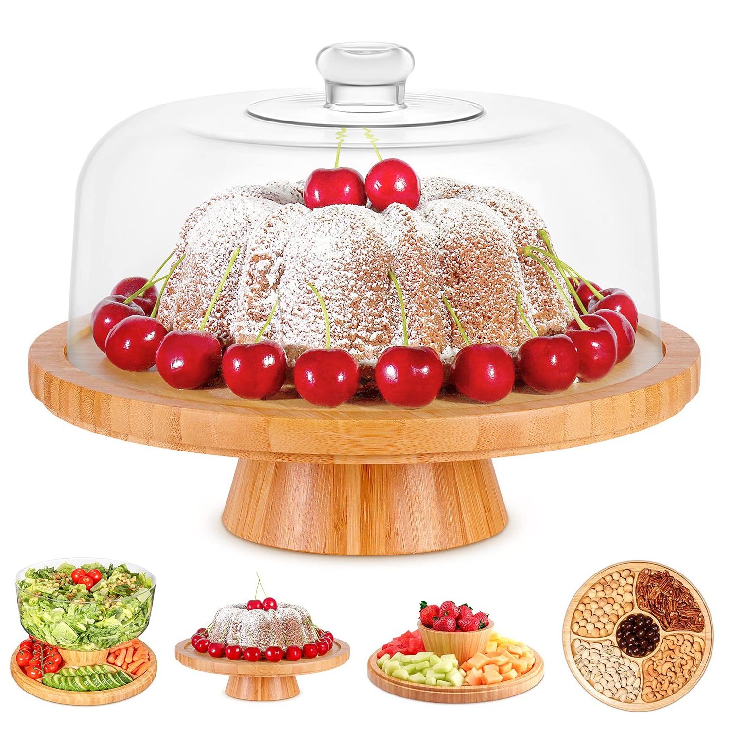 Cake Display Server Tray for Kitchen Bamboo Cake Stand with Wood with Base Clear Acrylic Dome Lid Turntable Cake Stand