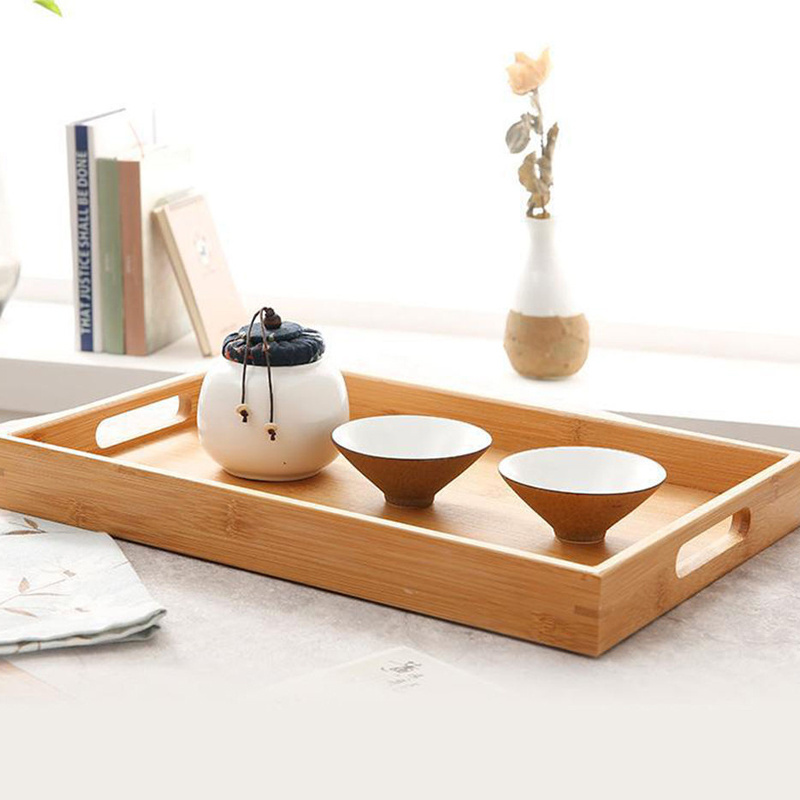 Eco-Friendly Durable Natural Rectangular Bamboo Serving Tray with Handles Custom Wooden Breakfast Tray for Home Hotel Kitchen