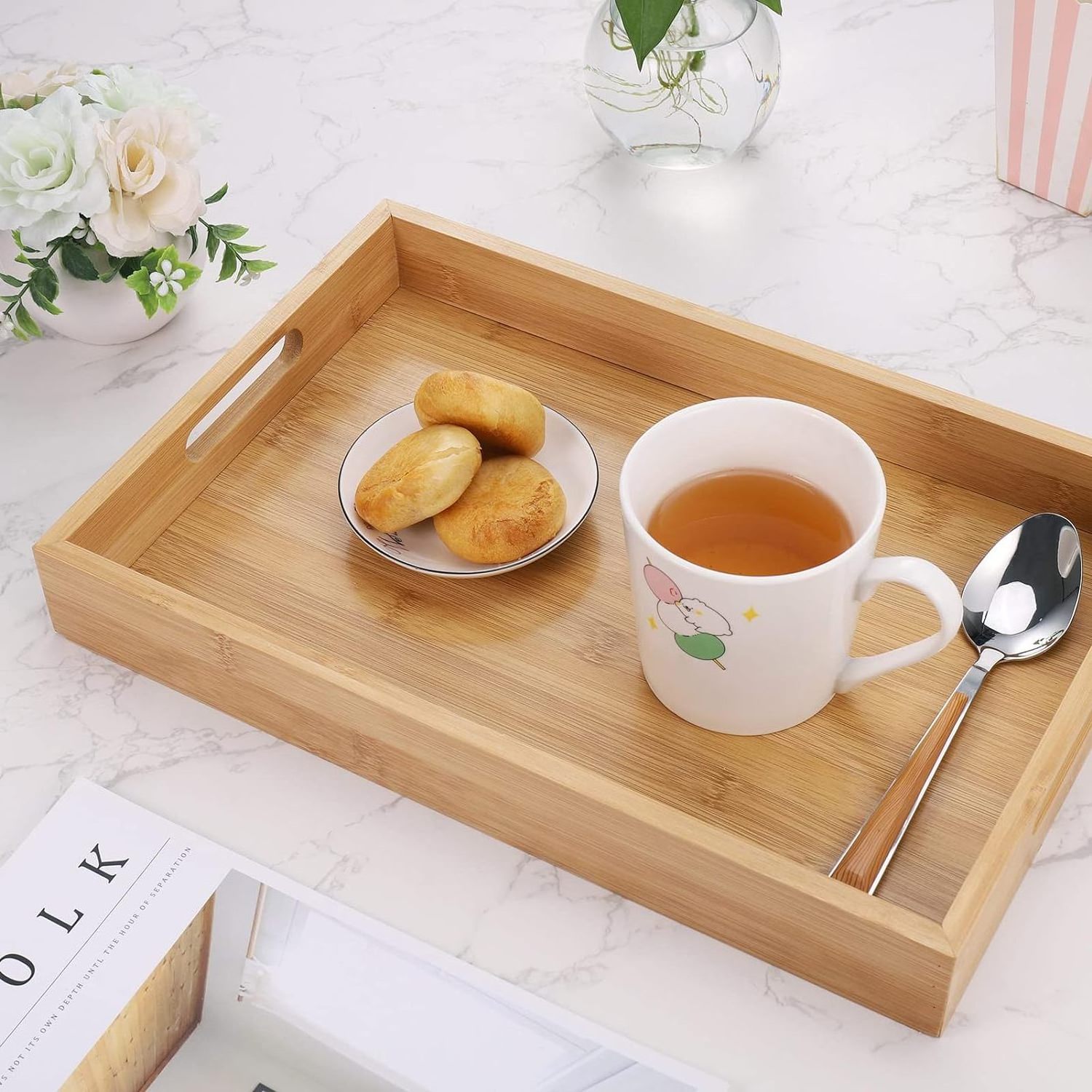 Eco-Friendly Durable Natural Rectangular Bamboo Serving Tray with Handles Custom Wooden Breakfast Tray for Home Hotel Kitchen