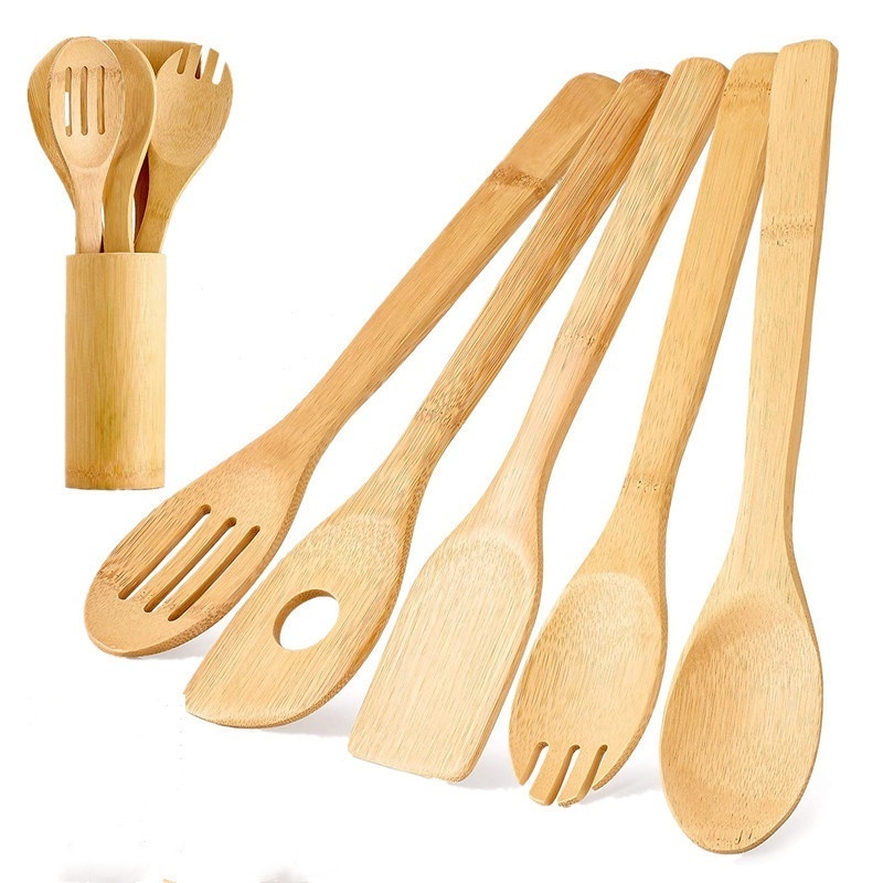 Bamboo Wooden Spoons for Cooking 6-Piece , Apartment Essentials Wood Spatula Spoon Nonstick Kitchen Utensil Set