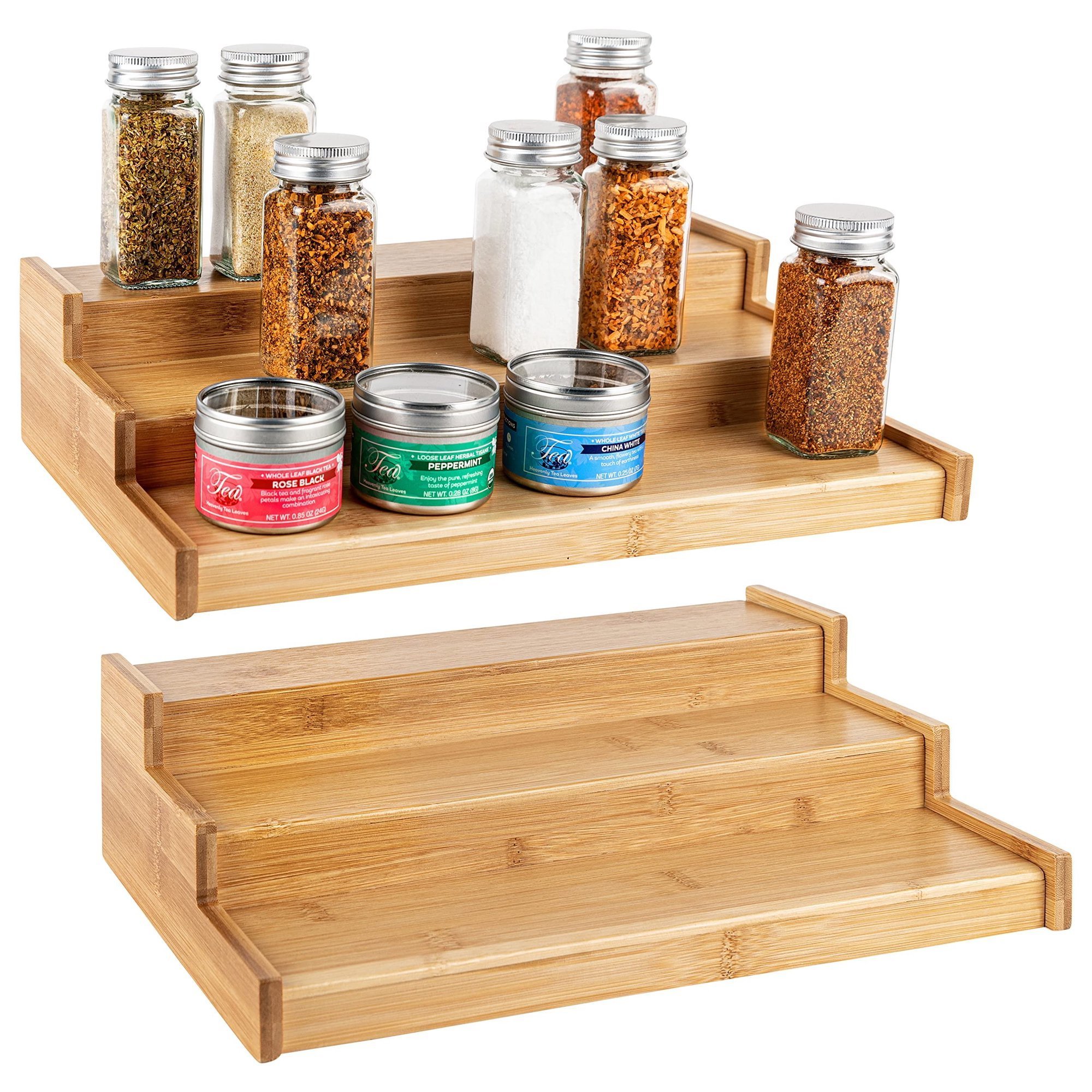 Customize 3 Tier Bamboo Expandable Display Shelf Spice Rack Kitchen Cabinet Organizer for Cabinet Pantry Countertop