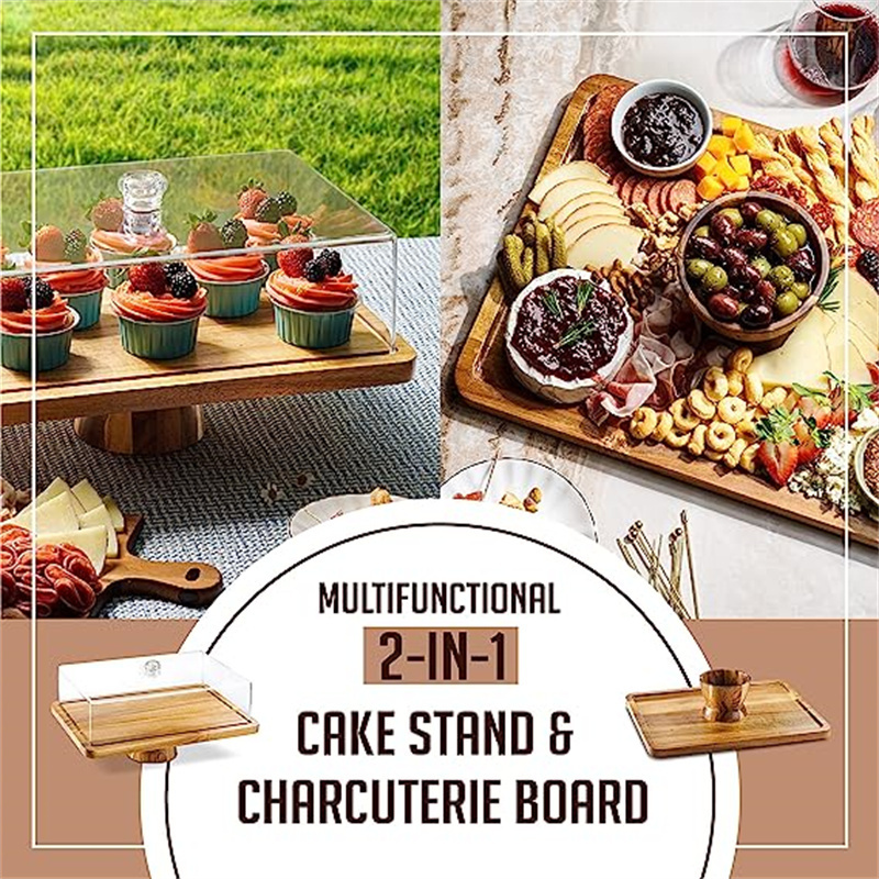 Cake Display Server Tray for Kitchen Cake Stand with Clear Acrylic Dome Lid Turntable Cake Stand Wood with Base