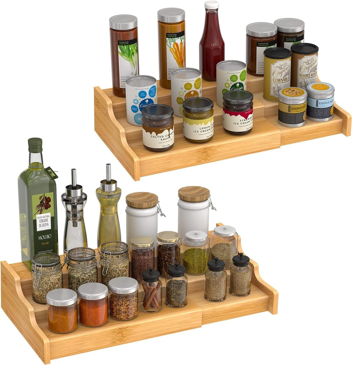 Customize 3 Tier Bamboo Expandable Display Shelf Spice Rack Kitchen Cabinet Organizer for Cabinet Pantry Countertop