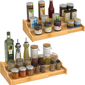 Customize 3 Tier Bamboo Expandable Display Shelf Spice Rack Kitchen Cabinet Organizer for Cabinet Pantry Countertop