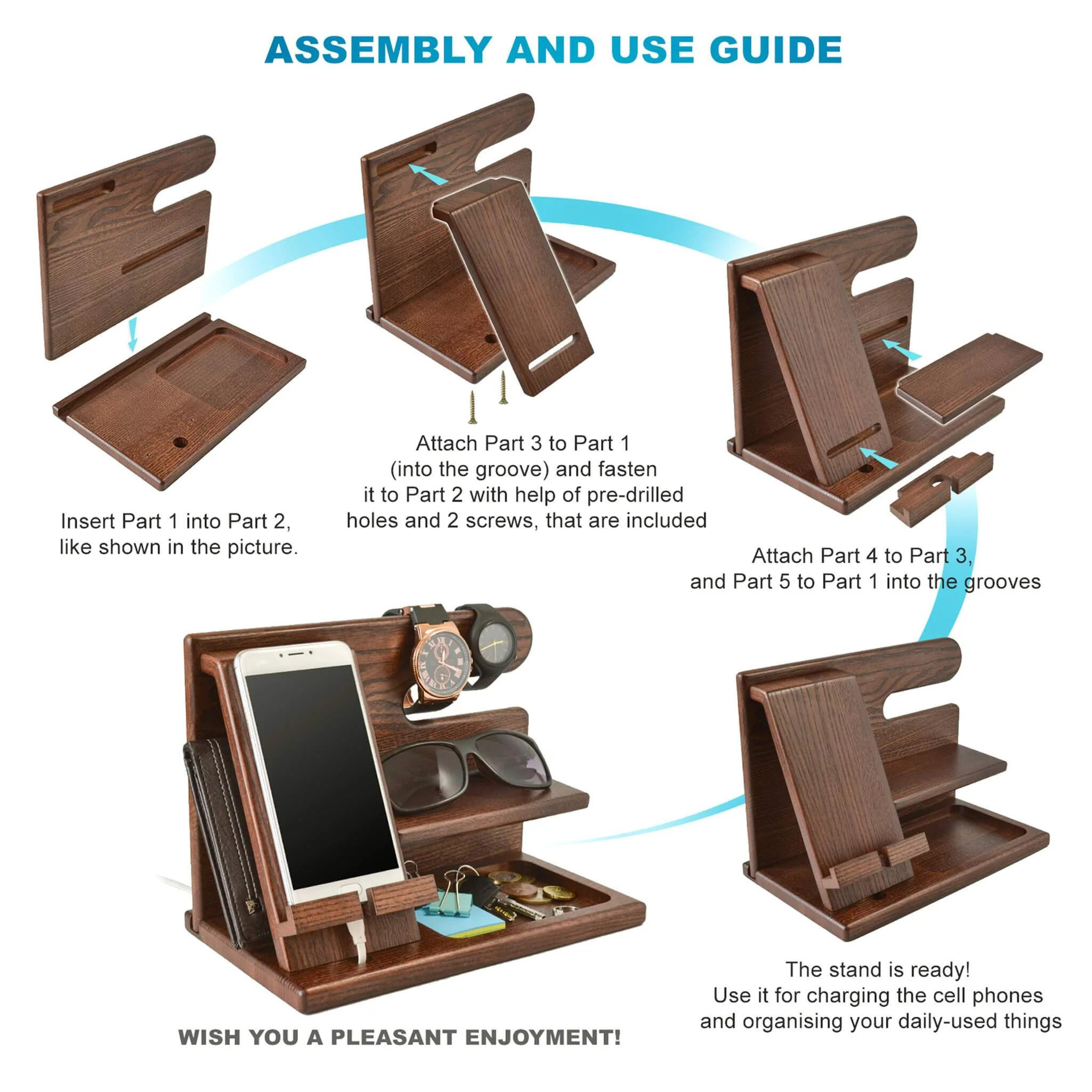 In Stock Multifunctional Wooden Desk Organizer with Docking Stand Wood Phone Docking Station Key Holder Stand Watch Organizer