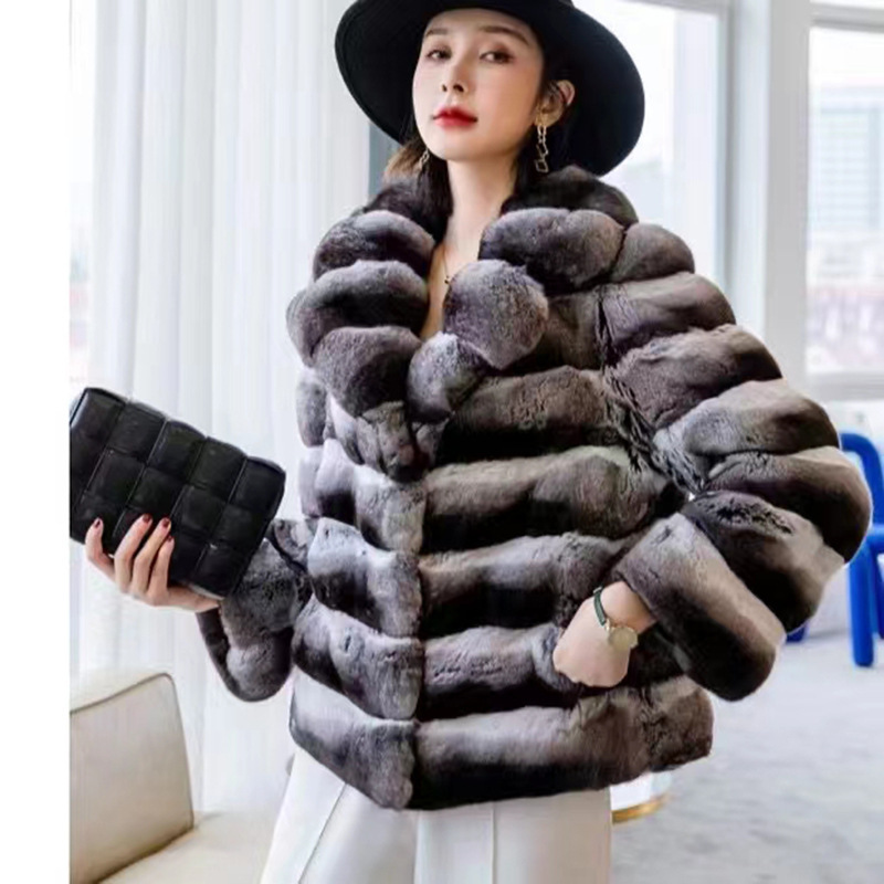 Winter faux fur coat faux chinchilla fur coat Horizontal style women's fur jacket lapels