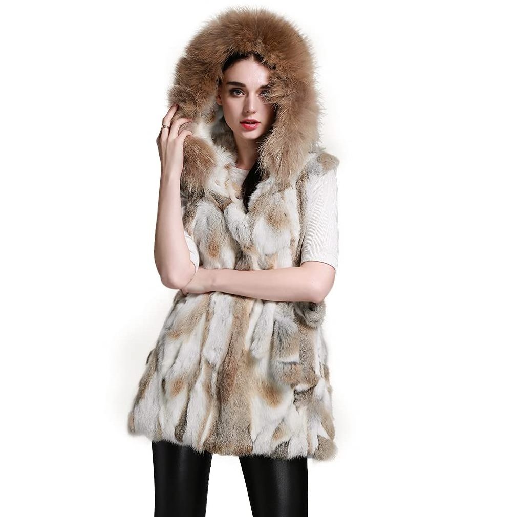 Custom real mink fur coat Women's Rabbit Coat with Raccoon fox fur coat women real Trim Hood Winter faux fur vest