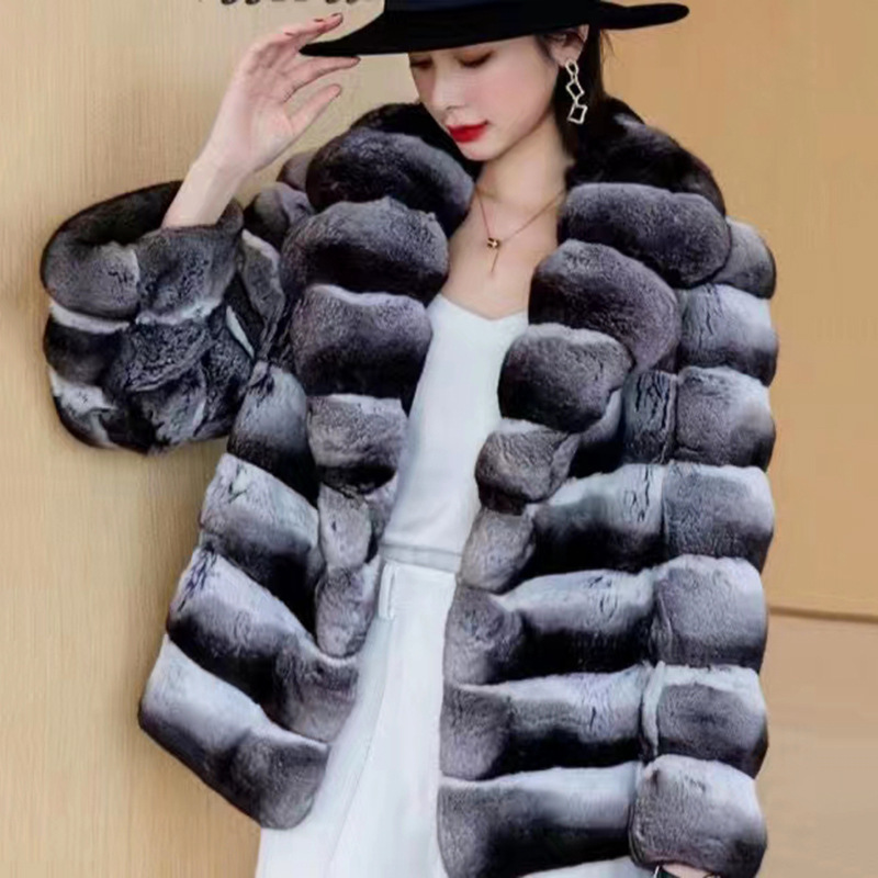 Winter faux fur coat faux chinchilla fur coat Horizontal style women's fur jacket lapels