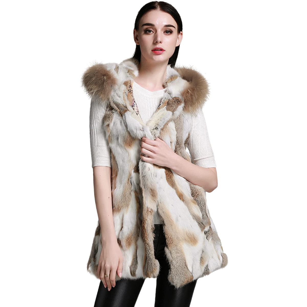 Custom real mink fur coat Women's Rabbit Coat with Raccoon fox fur coat women real Trim Hood Winter faux fur vest